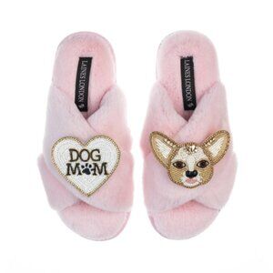 LAINES LONDON Classic Slippers With Enki-doo & Dog Mum / Mom Brooches - Size - M
